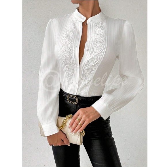 White Embroidered Lace Button Down French Style Shirt Long Sleeve - Picture 5 of 11